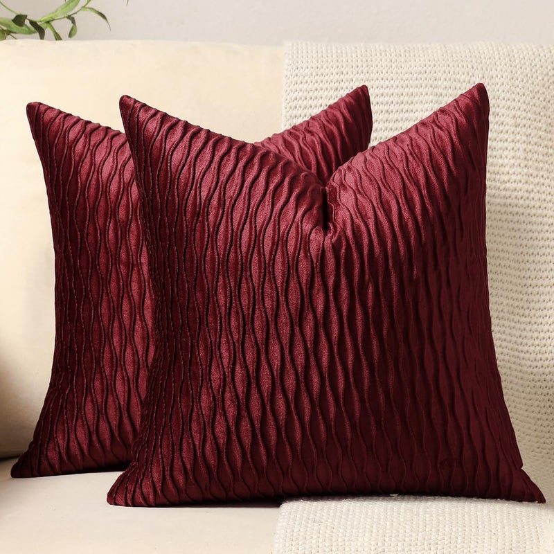 DEZENE Burgundy Throw Pillow Covers 2 Pack 18x18 Inch Original Striped Velvet Square Decorative Pillow Cases for Farmhouse Couch
