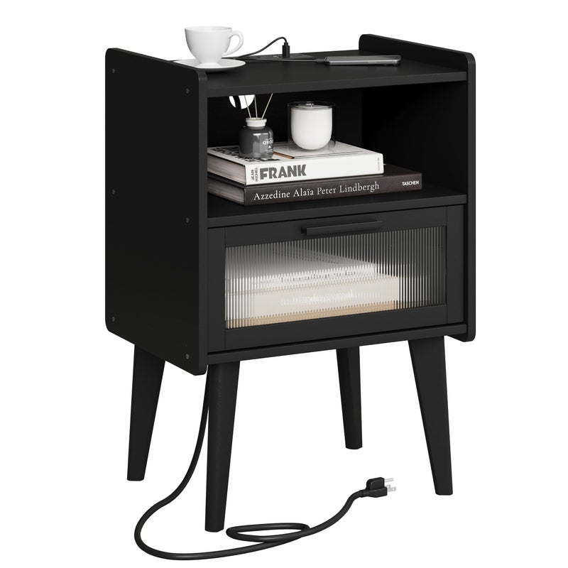 MMEOLUOOK Nightstand with Charging Station, Bedside Tables, End Table Side Table with 2 Tiers Storage Space, for Bedroom, Living Room, Black CAMLBZ07BE - Image 1