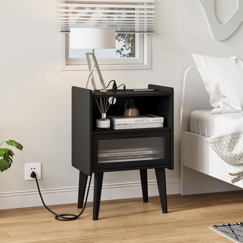 MMEOLUOOK Nightstand with Charging Station, Bedside Tables, End Table Side Table with 2 Tiers Storage Space, for Bedroom, Living Room, Black CAMLBZ07BE - Image 2