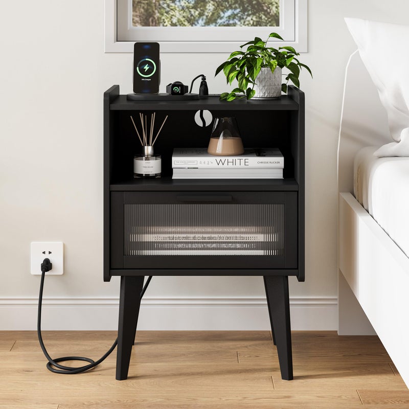 MMEOLUOOK Nightstand with Charging Station, Bedside Tables, End Table Side Table with 2 Tiers Storage Space, for Bedroom, Living Room, Black CAMLBZ07BE - Image 5