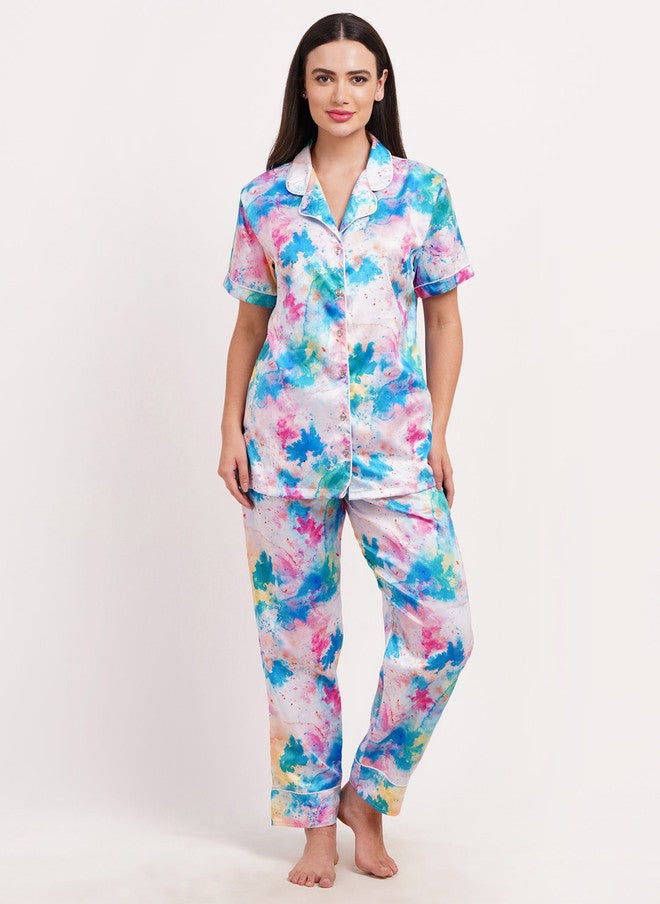 FIMS بدلة نوم نسائية من فIMS ساتان بطبعة تجريدية - Image 2