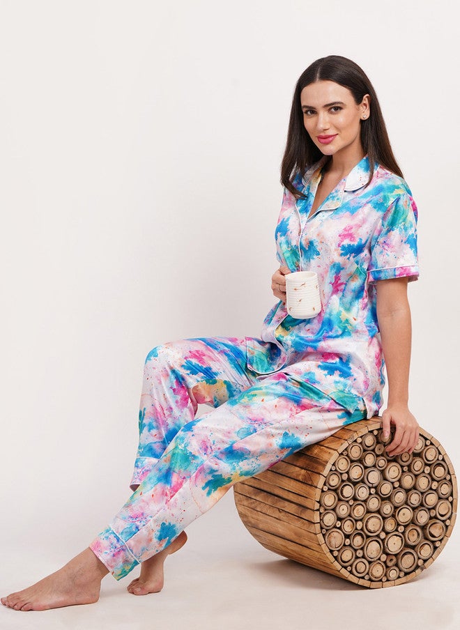 FIMS بدلة نوم نسائية من فIMS ساتان بطبعة تجريدية - Image 1