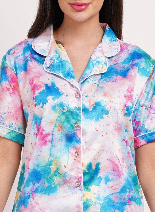 FIMS بدلة نوم نسائية من فIMS ساتان بطبعة تجريدية - Image 3