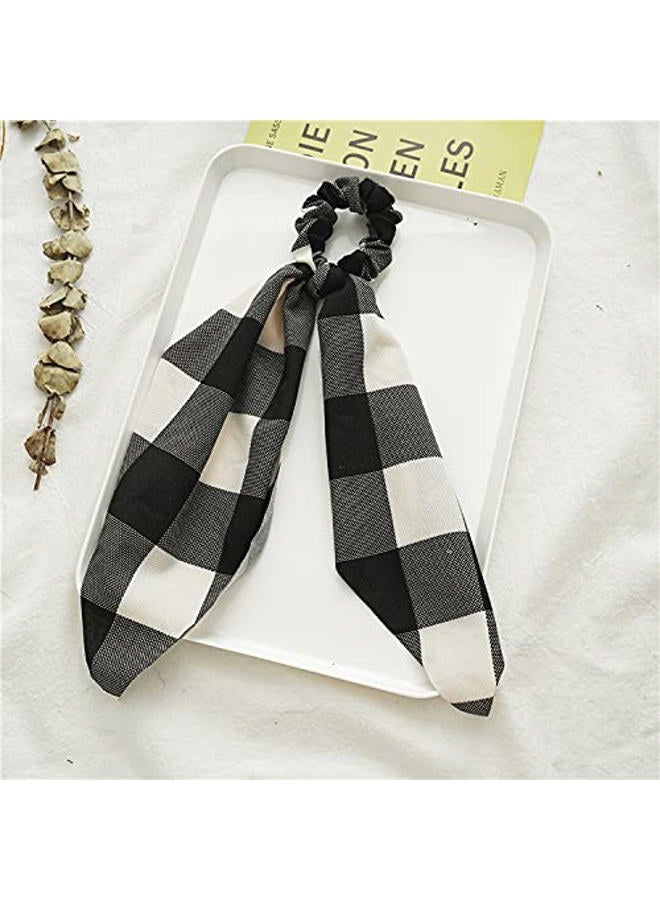 DINPREY Women's Scrunchies for Hair, Black Yellow Scarf Scrunchies with Tail, Stripe Plaid Elastic Hair Scarf, 5 Count (black white) - Image 3