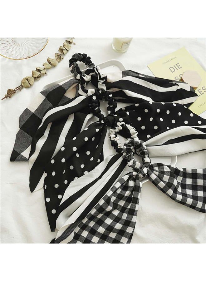 DINPREY Women's Scrunchies for Hair, Black Yellow Scarf Scrunchies with Tail, Stripe Plaid Elastic Hair Scarf, 5 Count (black white) - Image 5