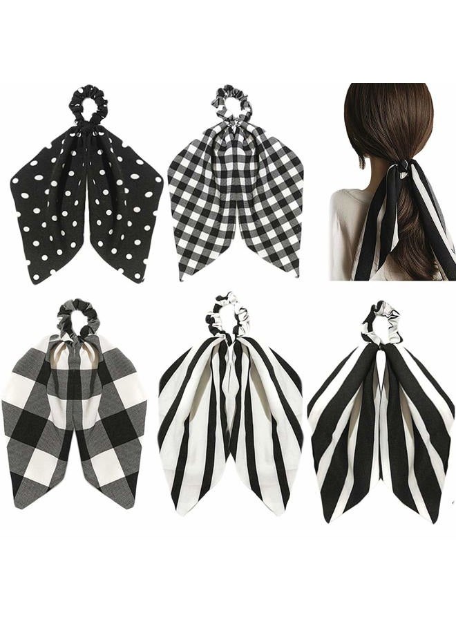 DINPREY Women's Scrunchies for Hair, Black Yellow Scarf Scrunchies with Tail, Stripe Plaid Elastic Hair Scarf, 5 Count (black white) - Image 1
