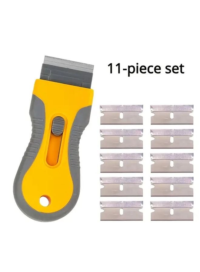 Yellow Multi Functional Scraper Tool with 10 Extra Blades Retractable Handle Easy Clean - Image 1