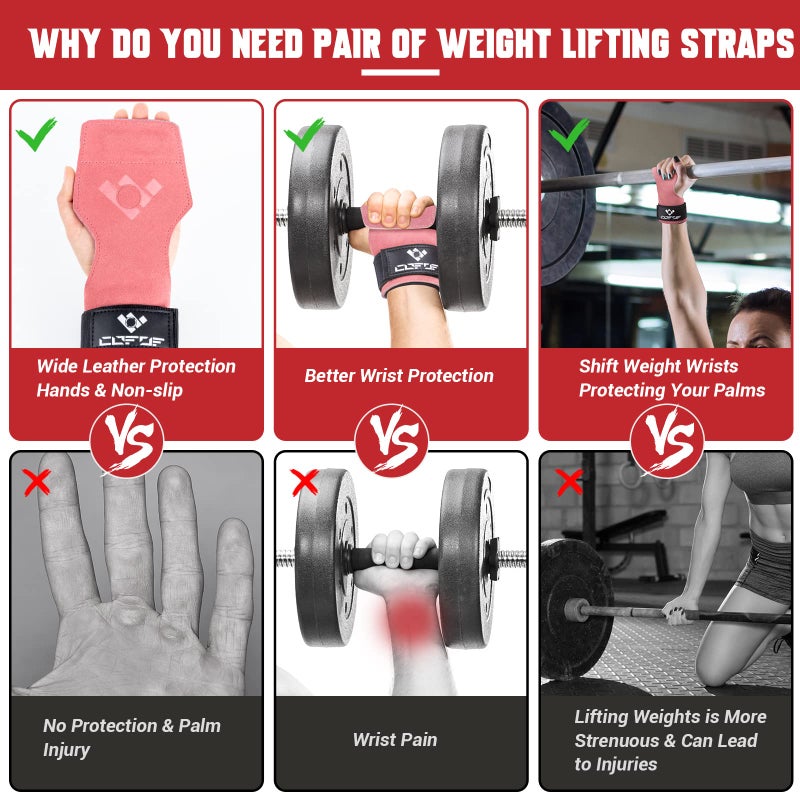 COFOF Weight Lifting Wrist Strap,Double Layer Leather Weightlifting Wrist Strap for Deadlift and Powerlifting, Adjustable Neoprene Padded Gym Workout Lifting Wrist Hooks for Men/Women(Pair) - Image 4