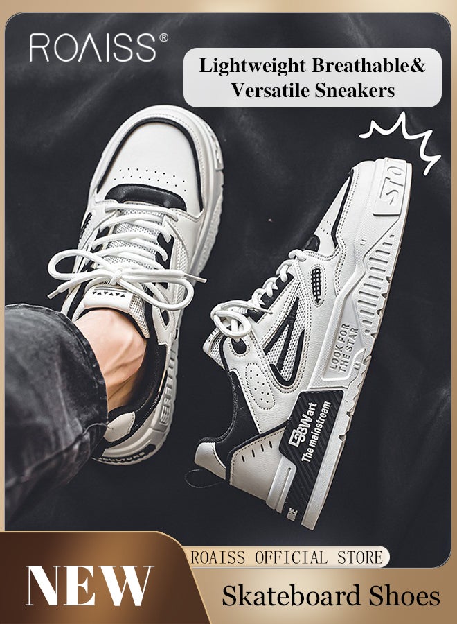 رويس حذاء رياضي رجالي منخفض الارتفاع برباط ومقدمة مستديرة ومضاد للانزلاق ومقاوم للتآكل وممتص للصدمات، حذاء رياضي كاجوال بنعل سميك ومتعدد الاستخدامات لزيادة الارتفاع، أبيض - Image 2