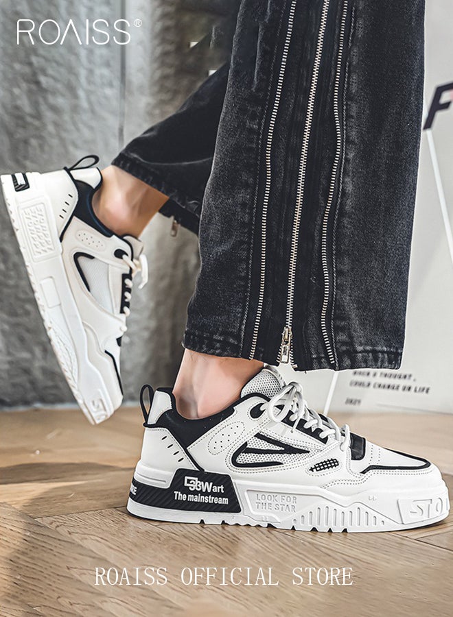 رويس حذاء رياضي رجالي منخفض الارتفاع برباط ومقدمة مستديرة ومضاد للانزلاق ومقاوم للتآكل وممتص للصدمات، حذاء رياضي كاجوال بنعل سميك ومتعدد الاستخدامات لزيادة الارتفاع، أبيض - Image 1