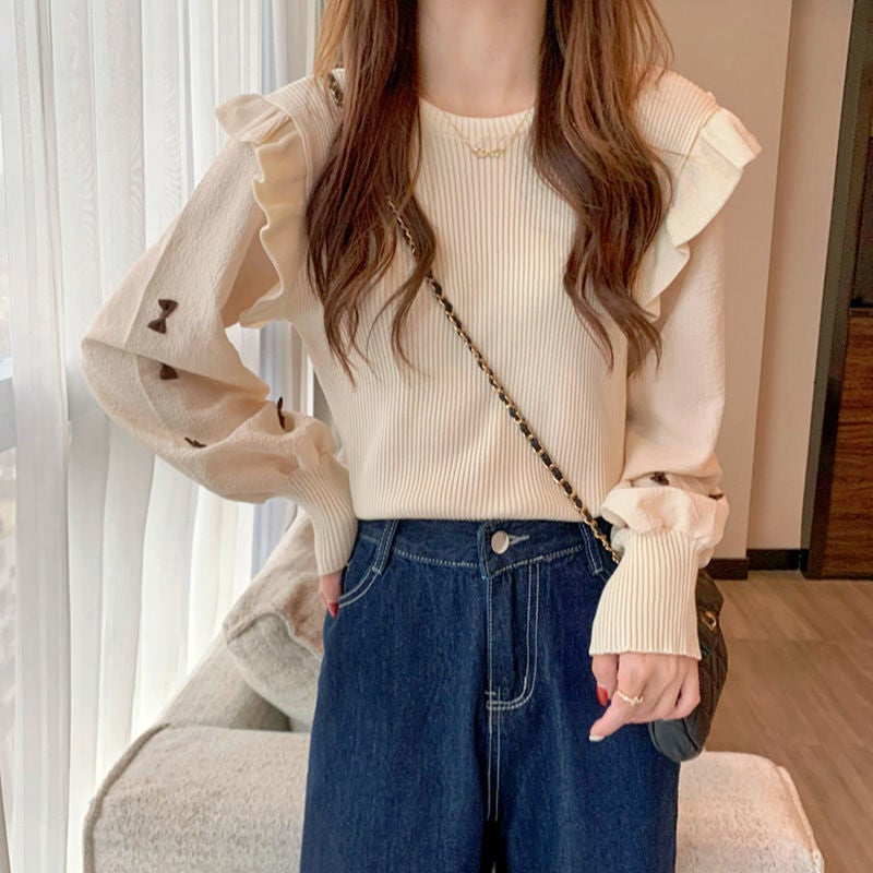 2024 Spring New Illusion Knitted Top Two-Piece Womens Bow Splicing Long Sleeves Slimming Outerwear Round Neck Sweater Rice apricot