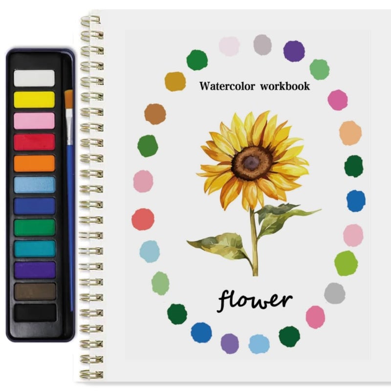 Puasyto Watercolor Workbook for Adults & Beginners: 12-Color Set with Brush (Flowers1) - Image 1