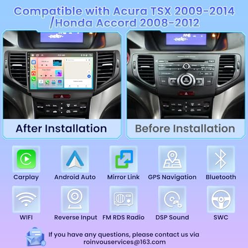 Roinvou 8 Cores 4+64G Android Car Radio for Acura TSX 2009-2014/Honda Accord 2008-2012, 9" Touch Screen Carplay Android Auto with 32EQ Bluetooth WiFi GPS Navigation Mirror Link Backup Camera - Image 2