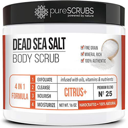 pureSCRUBS Premium Citrus Body Scrub Set  Large 16oz Dead Sea Salt Body Scrub With Infused Essential Oils  Nutrients Includes Wooden Spoon Loofah  Oatmeal Exfoliating Bar Soap