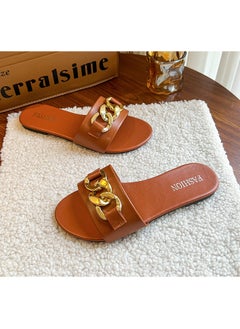 Womens Casual Summer 2023 Flat Foot Slippers With Metal Buckle One-Row Beach Sandals Nylon Lining Rubber Sole Adults Dark brown