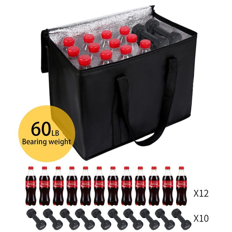 musbus 2 pack Additional Bottom Plate Black Insulated Grocery shopping bag , Delivery,pizza,reusable bags, Sturdy zipper,Collapsible,tote,cooler,thermal,Beach,waterproof heavy duty - Image 4