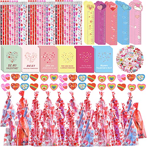 WOONOO 30 Pack Valentines Day Gifts for Kids Classroom Valentines Stationery Set Valentine Pencils Notepads Rulers Erasers Valentines Treat Bags Party Favors for Kids - Image 1