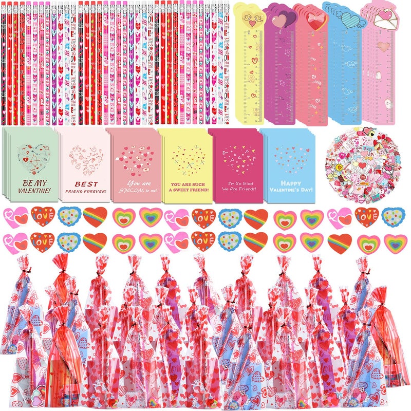 WOONOO 30 Pack Valentines Day Gifts for Kids Classroom Valentines Stationery Set Valentine Pencils Notepads Rulers Erasers Valentines Treat Bags Party Favors for Kids - Image 2