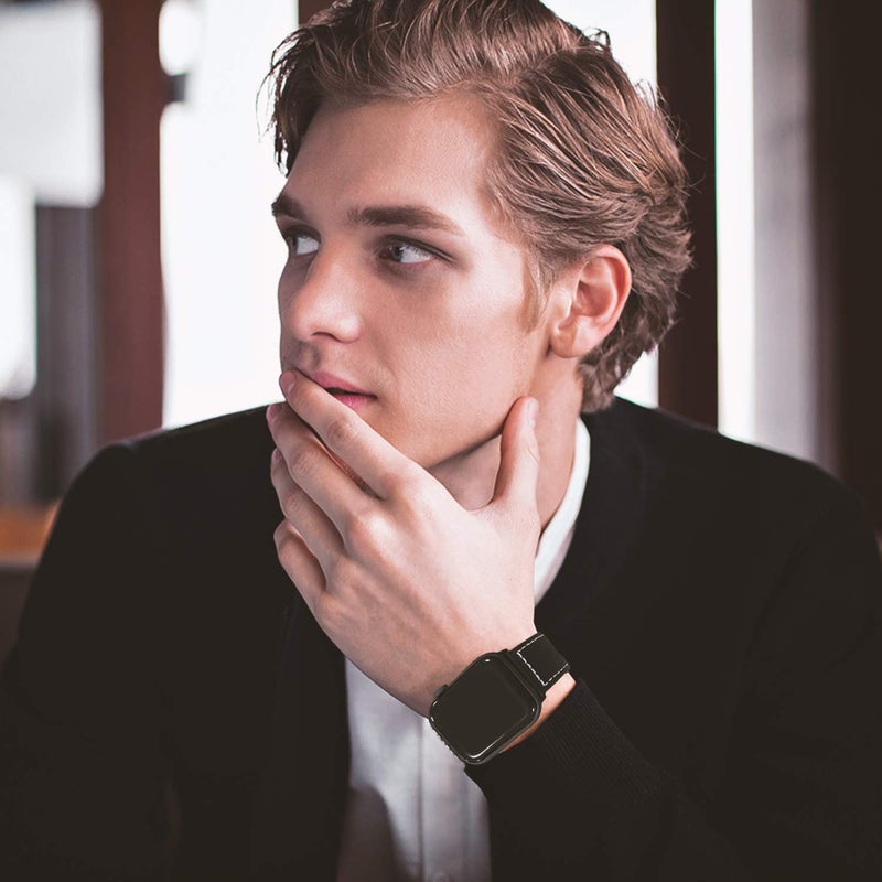 Fullmosa Compatible Apple Watch Band Leather 49mm 46mm 45mm 44mm 42mm 41mm 40mm 38mm for iWatch Ultra2/Ultra/SE/SE2/Series 10/9/8/7/6/5/4/3/2/1,42mm/44mm/45mm/46mm/49mm Lichi Black + silver buckle - Image 3