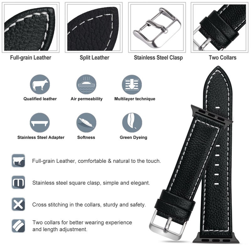 Fullmosa Compatible Apple Watch Band Leather 49mm 46mm 45mm 44mm 42mm 41mm 40mm 38mm for iWatch Ultra2/Ultra/SE/SE2/Series 10/9/8/7/6/5/4/3/2/1,42mm/44mm/45mm/46mm/49mm Lichi Black + silver buckle - Image 4