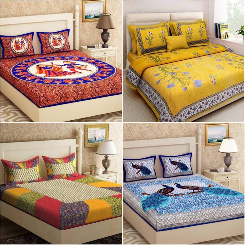 SHILPIIMPEX 100 Jaipuri Cotton Combo Set of 4 Double Bedsheet with 8 Pillow CoversMulticolorprinted and floral - Image 1
