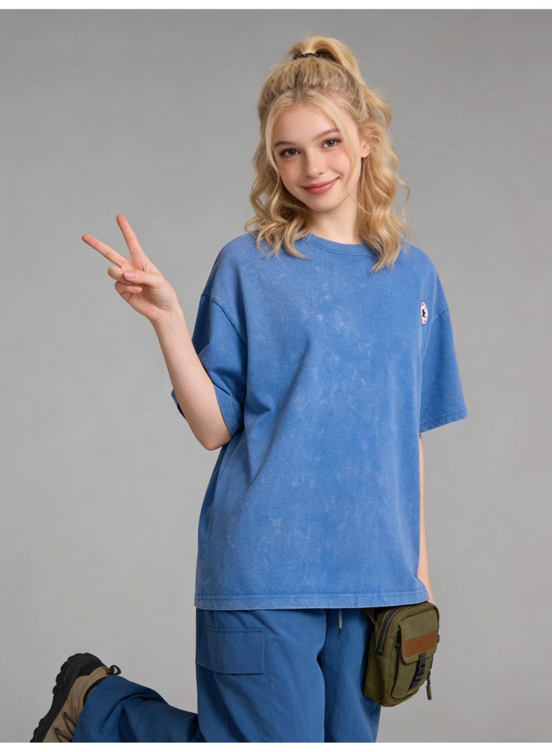 كونفرس CONVERSE made old washed five-pointed star badge short sleeve T-shirt/men's and women's loose retro casual shirt/cotton comfortable T-shirt - Image 4