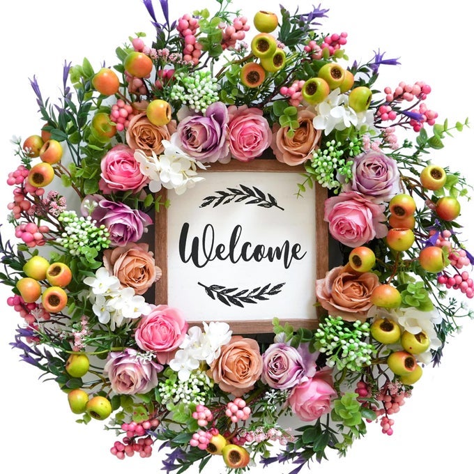 SPRING SUMMER WREATH FOR FRONT DOOR 18INCH ARTIFICIAL BERRIES AND COLORFUL FLOWER WREATHS WITH WELCOME SIGN SPRINGSUMMER GREENERY WREATH FOR FRONT DOOR WALL WINDOW FESTIVAL DECOR