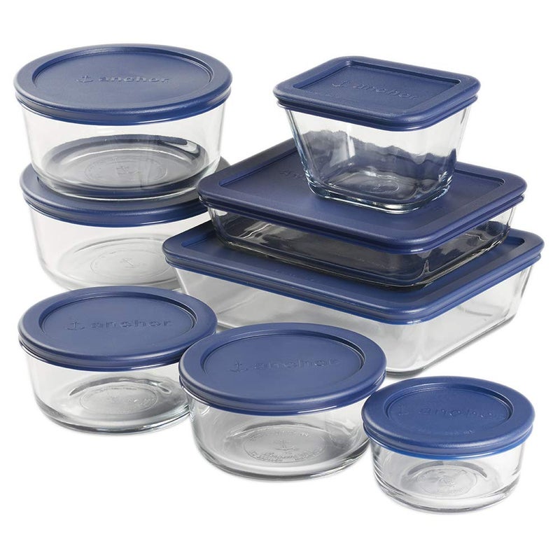 Anchor Hocking 16 Piece Glass Storage Containers with Lids (8 Glass Food Storage Containers & 8 Navy Blue SnugFit Lids) - Image 1