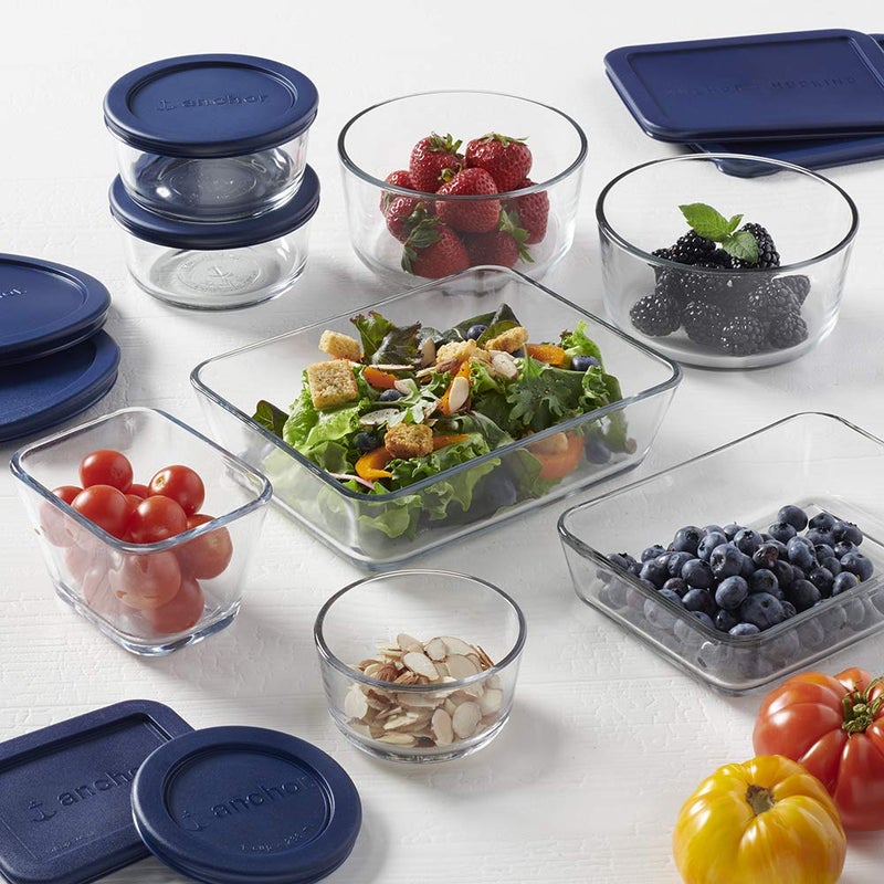 Anchor Hocking 16 Piece Glass Storage Containers with Lids (8 Glass Food Storage Containers & 8 Navy Blue SnugFit Lids) - Image 2