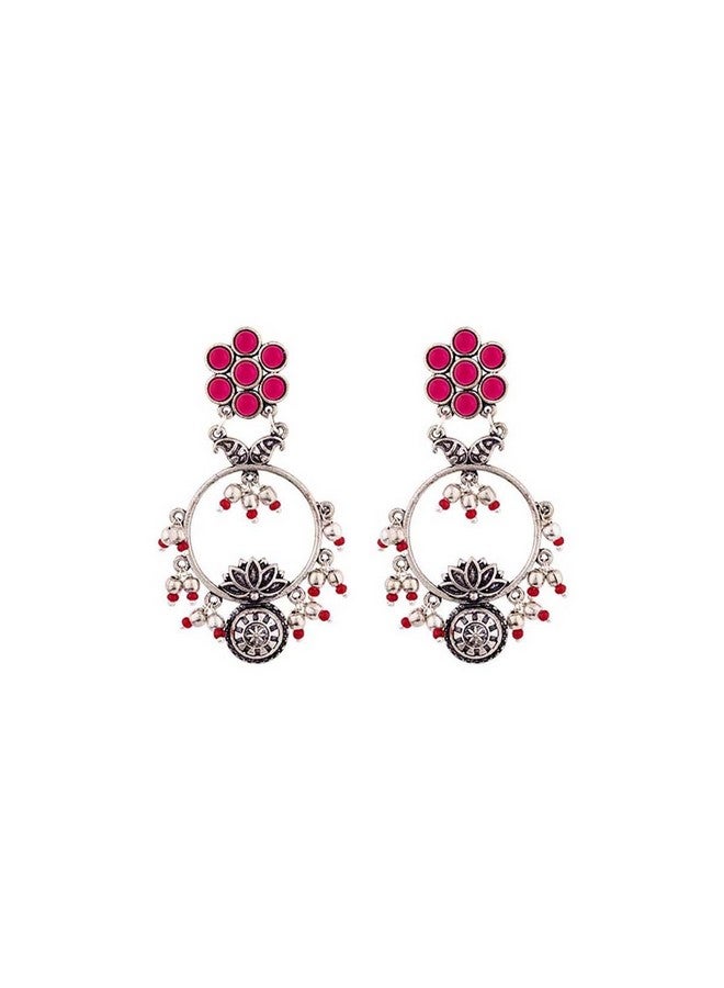 Voylla Oxidised Silver Floral Drop Style Hoop Earrings with Pink Stone for Women and Girls - Image 1
