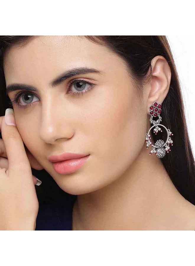 Voylla Oxidised Silver Floral Drop Style Hoop Earrings with Pink Stone for Women and Girls - Image 4