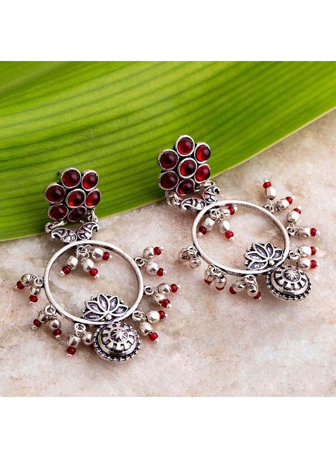 Voylla Oxidised Silver Floral Drop Style Hoop Earrings with Pink Stone for Women and Girls - Image 2