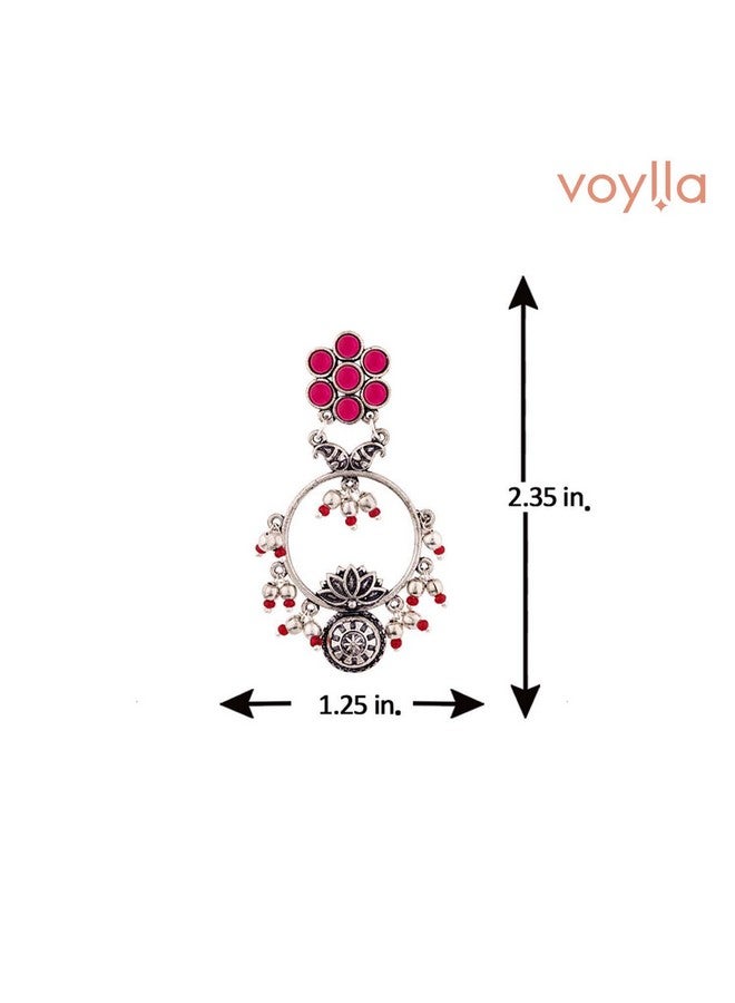 Voylla Oxidised Silver Floral Drop Style Hoop Earrings with Pink Stone for Women and Girls - Image 3