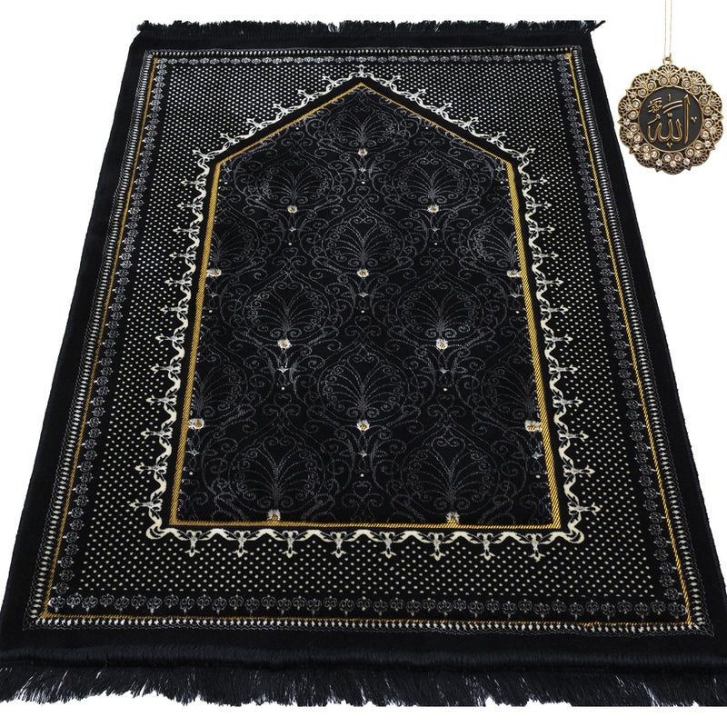 Modefa Turkish Islamic Velvet Prayer Rug  Thick  Wide Soft Carpet for Men  Women  Large Muslim Salah Mat  Ramadan  Eid Gift  with Car Hanger  Double Plush Topkapi Black
