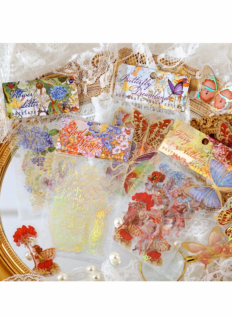 Bronzing Holographic Sticker Set, Gold Foil Transparent Color Waterproof Vintage Sticker, Fairy Butterfly Flower Pattern for Scrapbook Diary Laptop Water Bottle Decoration (4 Themes, 120 Sheets) - Image 5