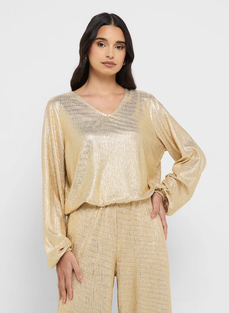 Crinkle Detail V Neck Blouse