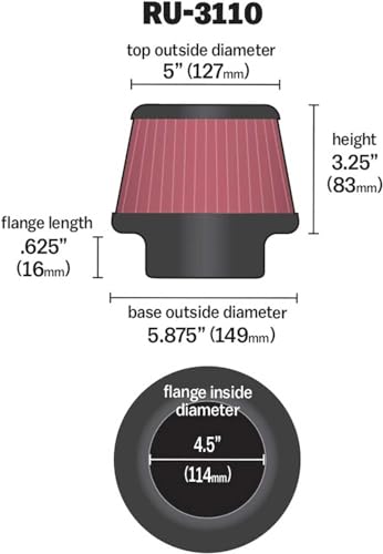K+N KN HighFlow Original Lifetime Universal ClampOn Air Filter High Performance Premium Flange Diameter 45 In Filter Height 325 In Flange Length 0625 In Shape Round Tapered RU3110 - Image 3