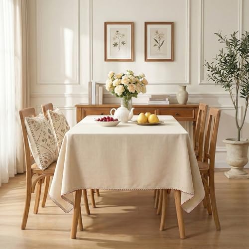 RUSTIQUE LINENS: Embroidered Edge Trim Tablecloth - Water & Stain Repellent (100% Cotton) 8 Seater - 10 Colors - Biscuit Brown (230 CM X 150 CM) - Image 3