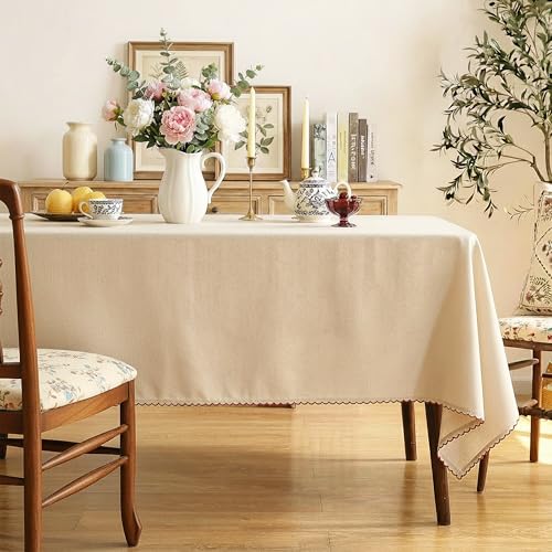 RUSTIQUE LINENS: Embroidered Edge Trim Tablecloth - Water & Stain Repellent (100% Cotton) 8 Seater - 10 Colors - Biscuit Brown (230 CM X 150 CM) - Image 1