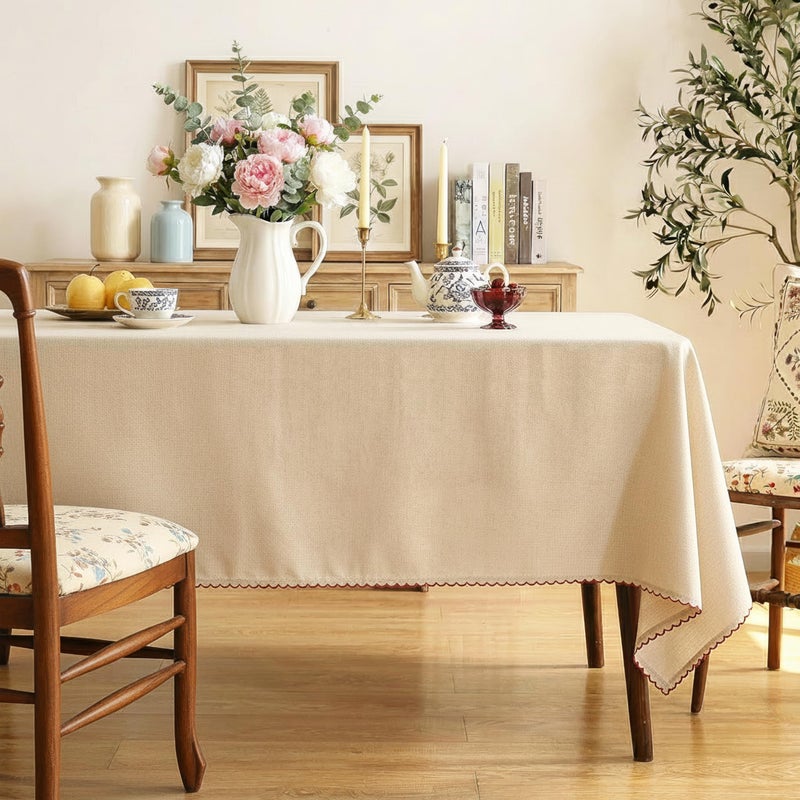 RUSTIQUE LINENS: Embroidered Edge Trim Tablecloth - Water & Stain Repellent (100% Cotton) 8 Seater - 10 Colors - Biscuit Brown (230 CM X 150 CM) - Image 5