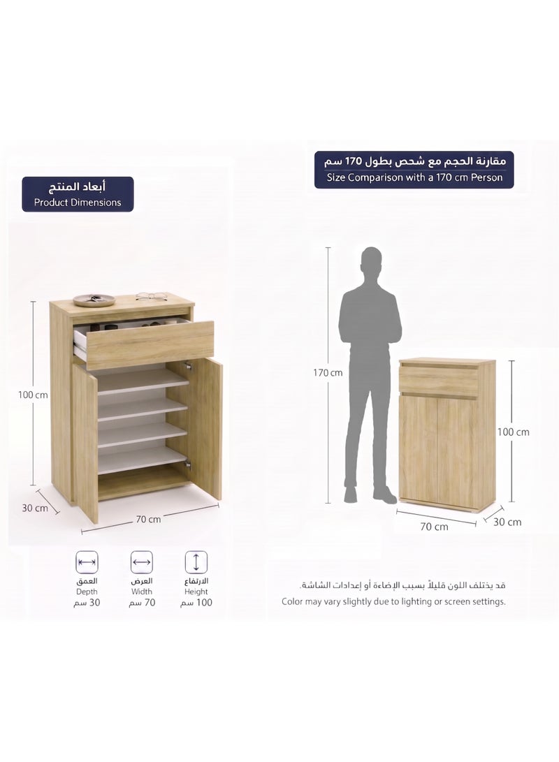 Furniture Store Modern shoe rack/shoe cabinet with a wide drawer and 5 shelves, MDF, in light wood color with white, high-quality finish, from Furniture Store. - Image 4