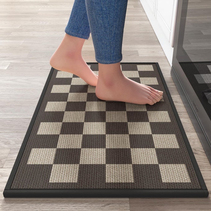KITCHEN MATS FOR FLOOR SUPER ABSORBENT KITCHEN RUGS NON SLIP WASHABLE LINENLOOK WOVEN CUSHION KITCHEN RUNNER RUG KITCHEN SINK STANDING MAT BLACK BEIGE CHECKERED 17X30