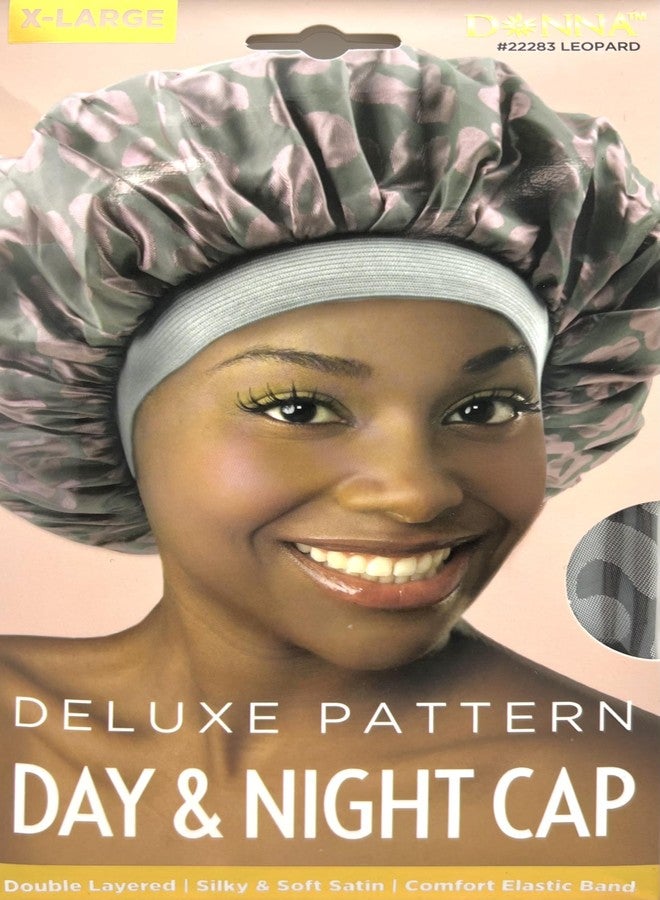 DONNA DELUXE DAY NIGHT CAP Silky Satin Lined Bonnet Sleep Cap, Stay on all Night Hair Wrap Cover Bonnet for Curly Hair, Shower Cap for Women, Saint Bonnet for Sleeping Soft Band BLACK LEOPARD XL