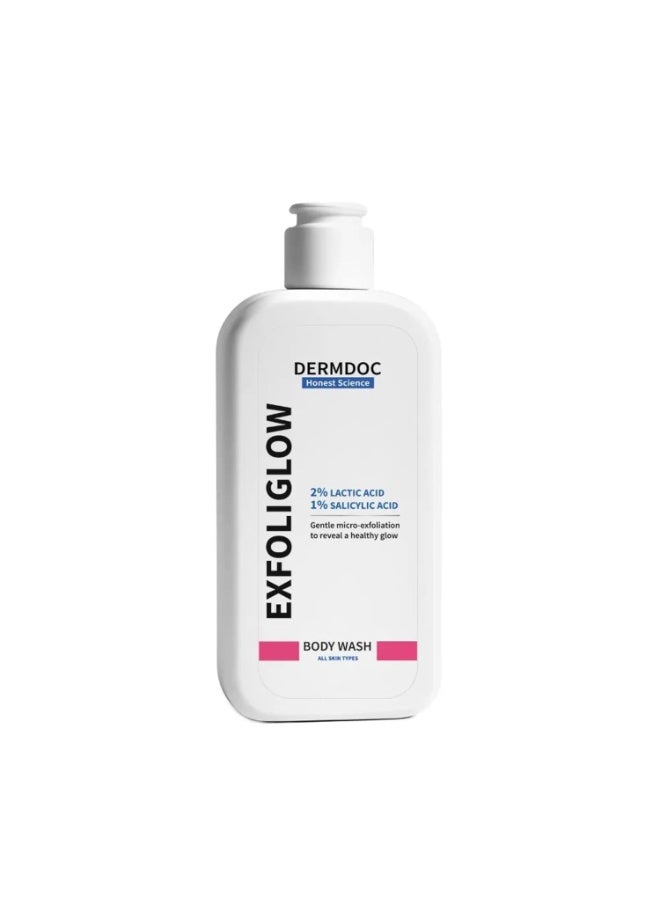 DermDoc Exfoliglow Body Wash with 2% Lactic Acid (AHA) & 1% Salicylic Acid (BHA) gently exfoliates, clears clogged pores, and removes dead skin cells. It fades dark spots, improves skin texture, hydrate 250ml - Image 1