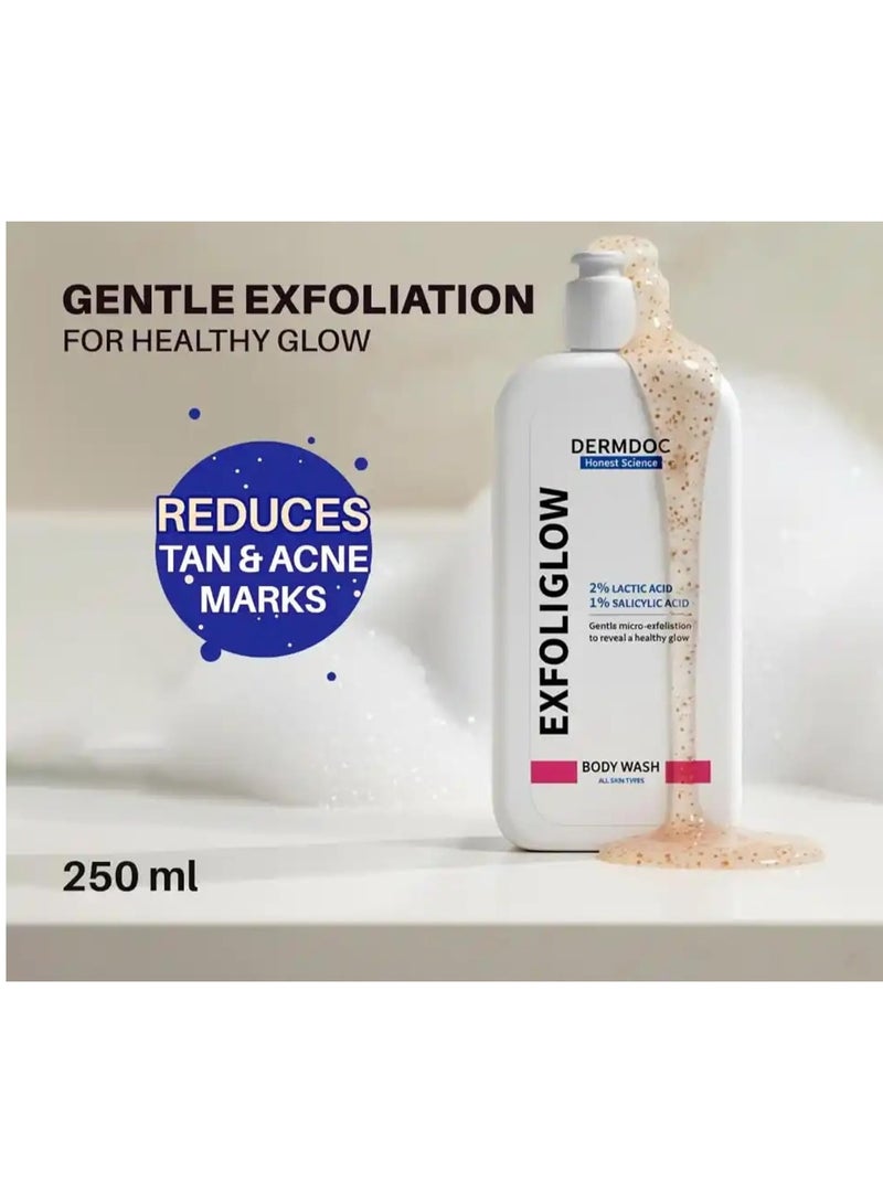DermDoc Exfoliglow Body Wash with 2% Lactic Acid (AHA) & 1% Salicylic Acid (BHA) gently exfoliates, clears clogged pores, and removes dead skin cells. It fades dark spots, improves skin texture, hydrate 250ml - Image 4