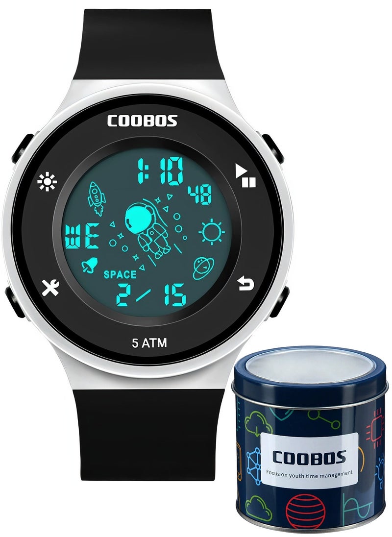 Coobos Kids Water Resistant Rubber Digital Watch Black/White  - Image 1