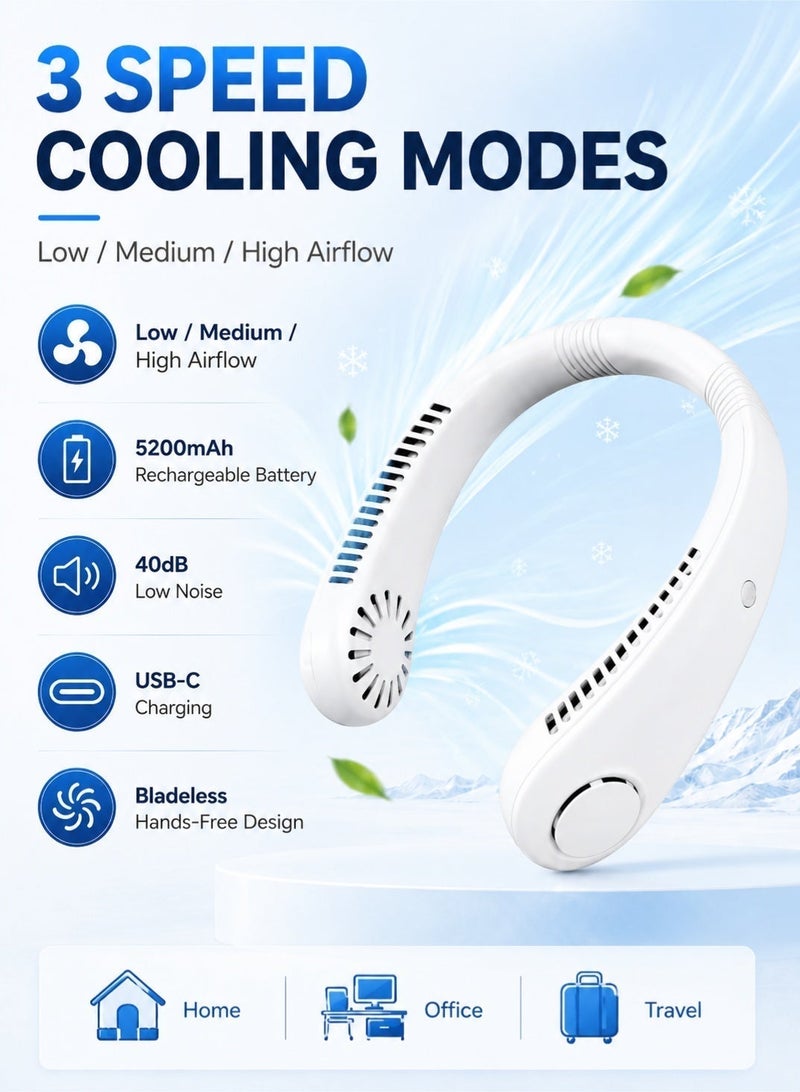 Leoxol Wearable Neck Cooling Fan | Rechargeable Bladeless Personal Fan 5200mAh | 3 Speed USB Type C Portable Fan For Home Office Travel - Image 4