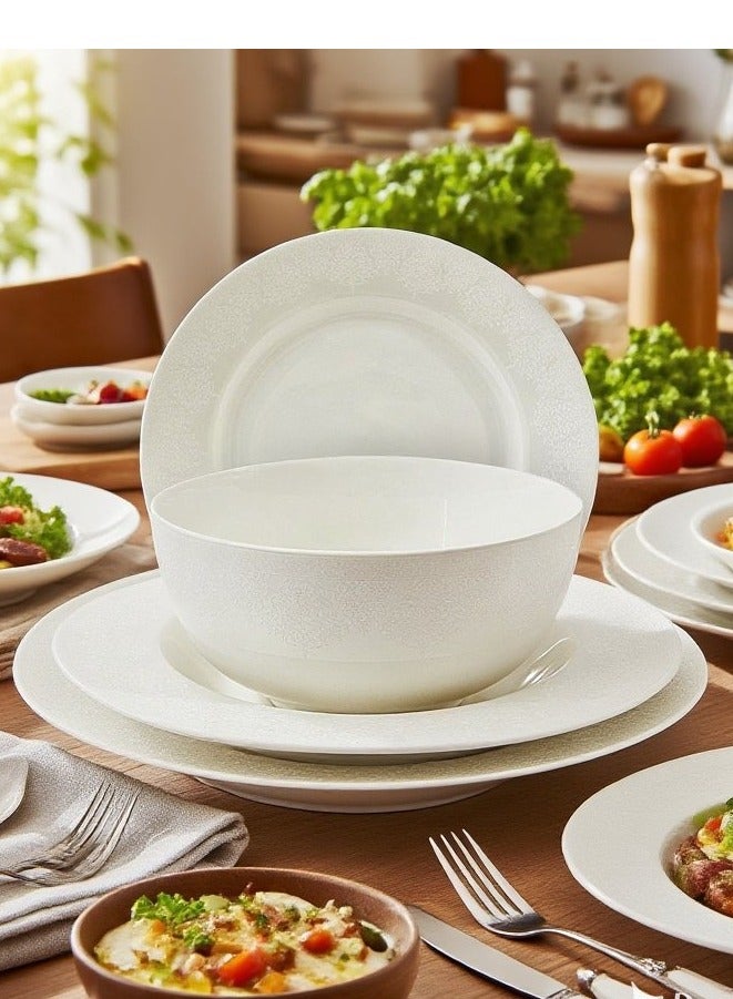 تراست طقم عشاء من البورسلين مكوّن من 16 قطعة باللون الأبيض؛ 4 قطع أطباق عشاء مقاس 27 سم، 4 قطع أطباق شوربة مقاس 22 سم، 4 قطع أطباق جانبية مقاس 20.5 سم، 4 قطع سلطانية مقاس 14 سم. - Image 1