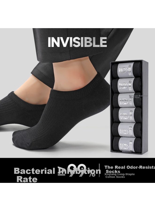 Invisible Men's 6 Pairs Of No Show Socks 100% Xinjiang Cotton Men's Mid-calf Silver Ion Antibacterial Odor-resistant Socks Sweat-absorbent Long-staple Cotton Socks