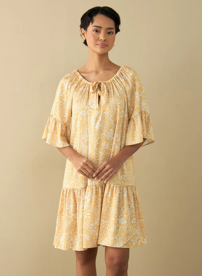 Splash FAV All-Over Floral Print Satin Night Dress with Extended Sleeves